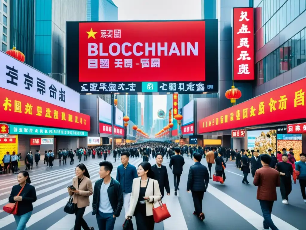 En una bulliciosa calle de una ciudad china, vemos vallas publicitarias digitales con avances de la tecnología blockchain en caracteres mandarines