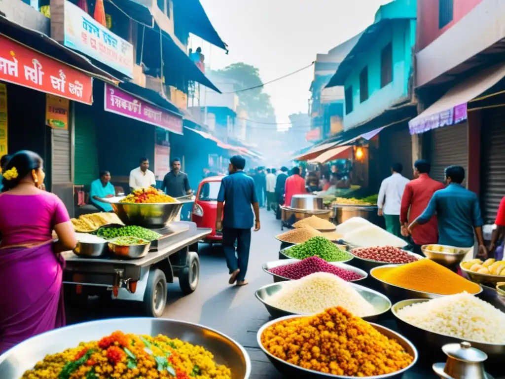 Una bulliciosa calle en una ciudad india moderna, llena de gente diversa en su vida diaria