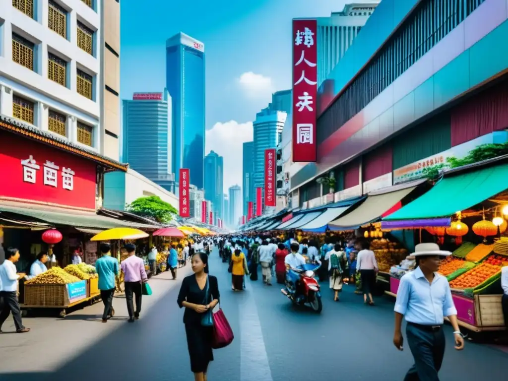 Una bulliciosa calle de ciudad en Asia, con una mezcla diversa de personas, reflejando la energía y vitalidad de la vida urbana