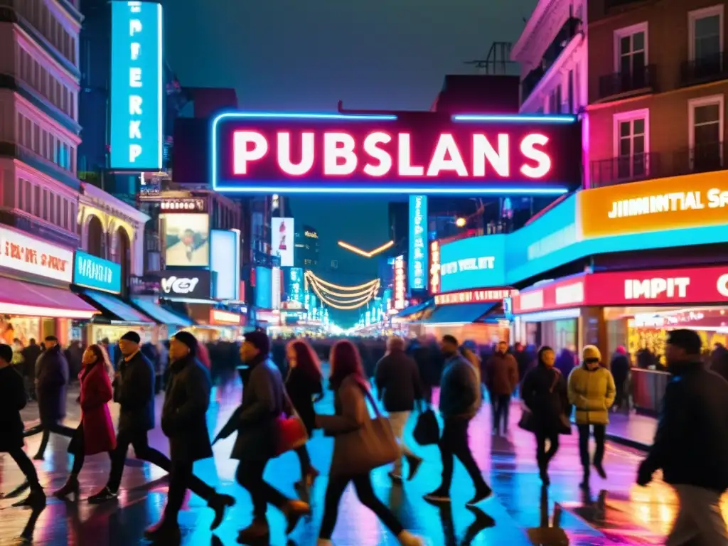 Una bulliciosa calle de la ciudad de noche, con letreros de neón vibrantes iluminando el bullicio