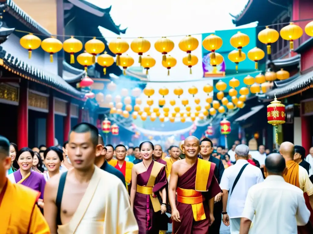 Una bulliciosa calle de una ciudad vibrante, llena de gente diversa celebrando Vesak con rituales religiosos y actuaciones culturales