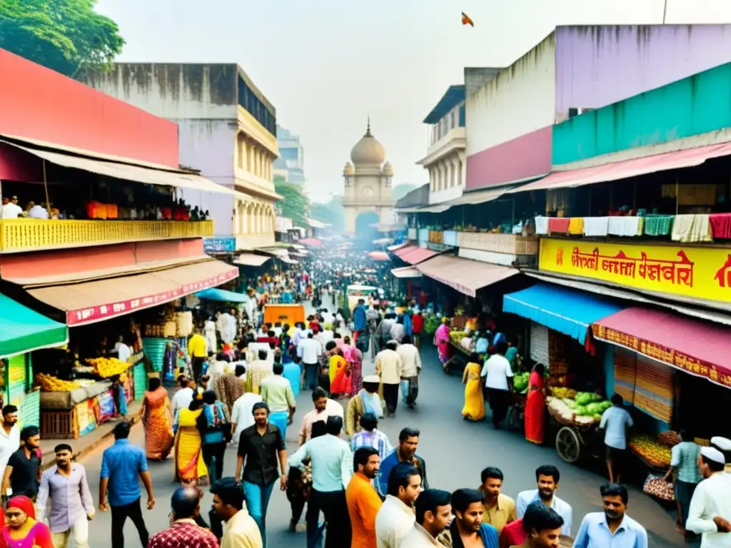 Una bulliciosa calle de Mumbai con colores vibrantes y una mezcla de arquitectura moderna y tradicional