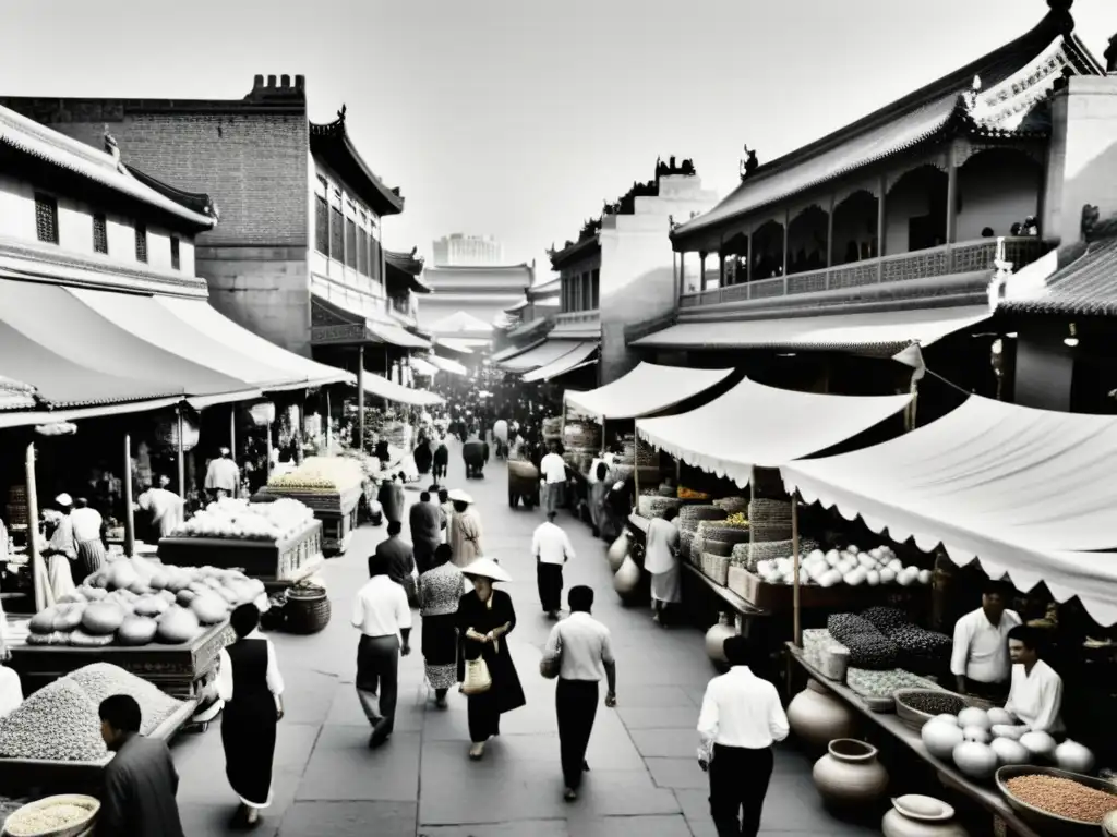 Una bulliciosa calle comercial en una ciudad histórica asiática, reflejando el ascenso social en la historia asiática con mercaderes y clientes