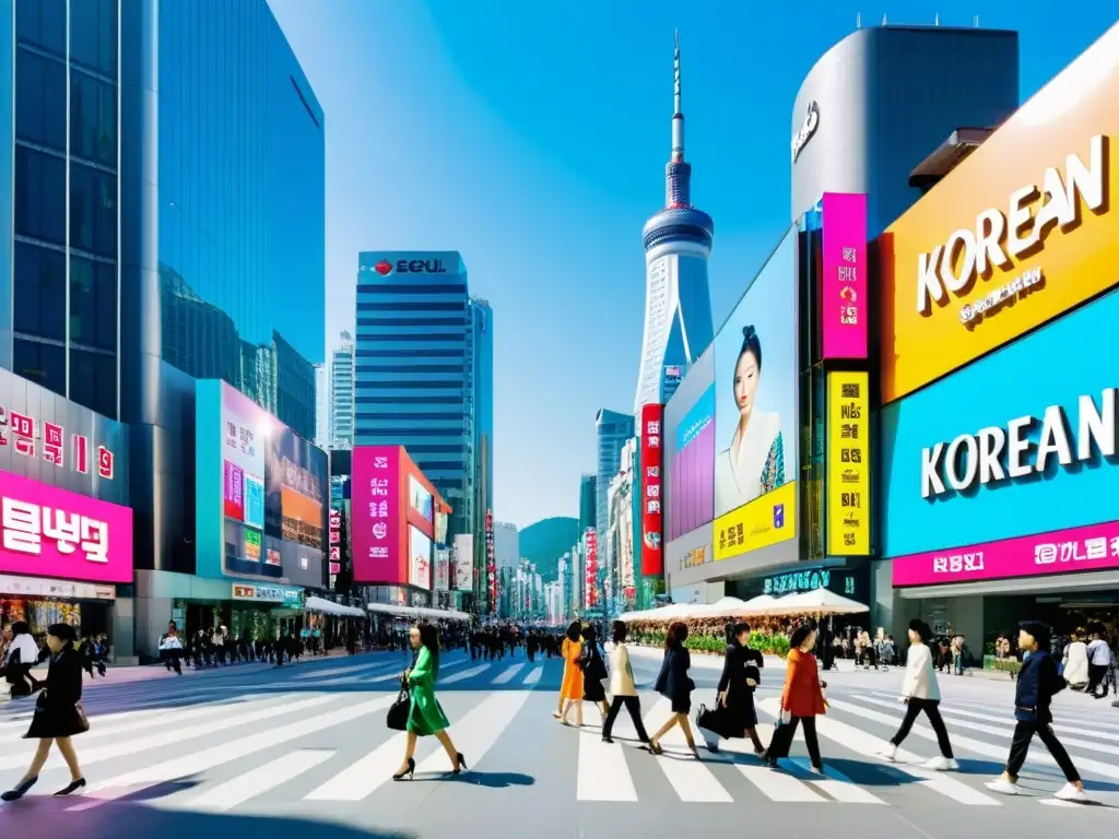 Una bulliciosa calle en el distrito de Gangnam en Seúl, con moda vanguardista y brillantes letreros