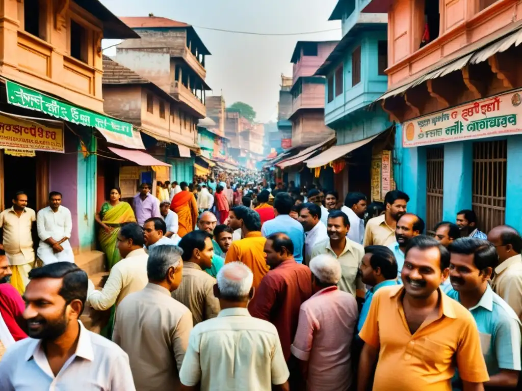 Una bulliciosa calle en Varanasi, India, muestra la diversidad social y cultural, reflejando la reencarnación en Budismo y Hinduismo