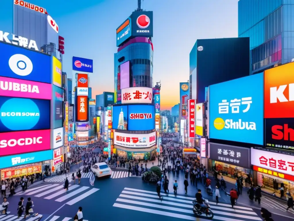 La bulliciosa calle del famoso distrito Shibuya de Tokio, llena de letreros de neón, anuncios vibrantes y una multitud cruzando en todas direcciones