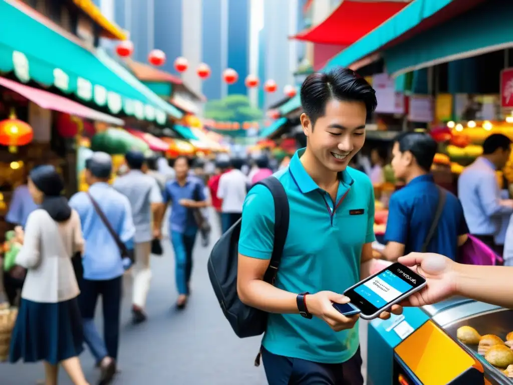 En una bulliciosa calle de una gran ciudad asiática, la gente realiza pagos contactless con relojes modernos en puestos de mercado