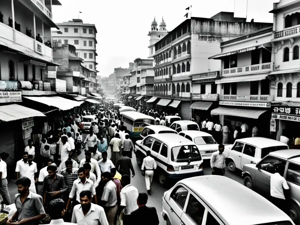 Una bulliciosa calle de India en blanco y negro, con vendedores callejeros, edificios tradicionales y modernos