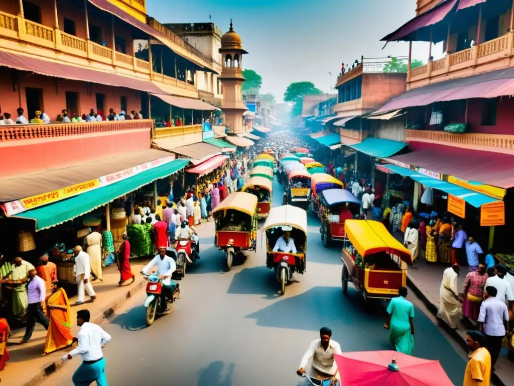 Una bulliciosa calle de la India con gente vestida con ropa tradicional colorida, puestos de mercado, rickshaws y arquitectura ornamental