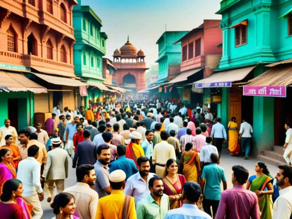 Una bulliciosa calle en la India, con gente, colores vibrantes y fusión de modernidad y tradición