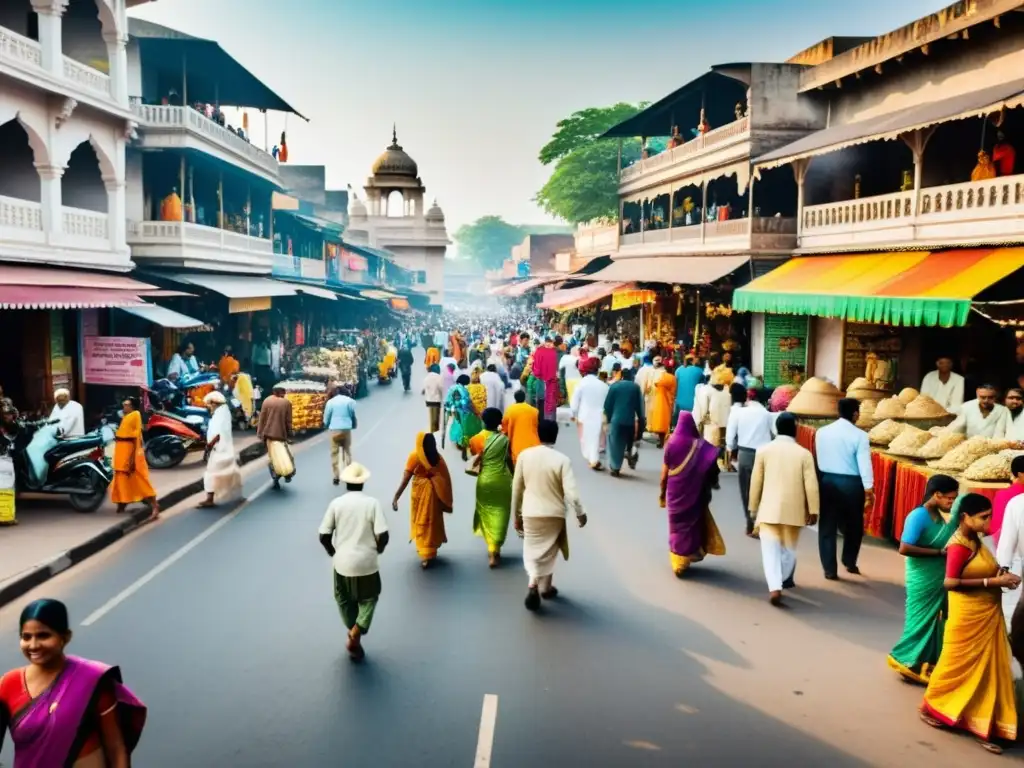 Una bulliciosa calle en la India con gente, ropa tradicional, puestos de mercado y arquitectura antigua y moderna