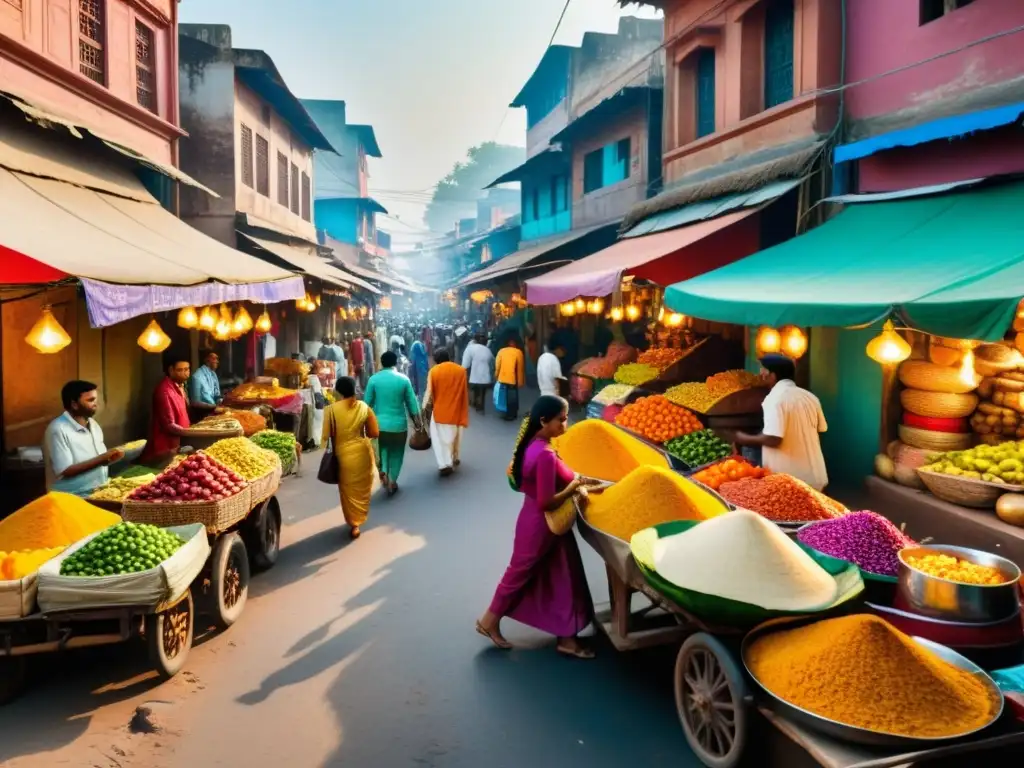 Una bulliciosa calle de la India llena de colores vibrantes, ropa tradicional y vendedores ambulantes que ofrecen productos locales