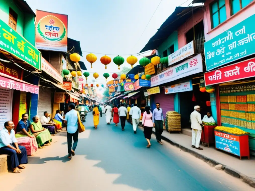 Una bulliciosa calle en India, llena de tiendas coloridas y señales vibrantes en varios idiomas, reflejando la diversidad lingüística del país