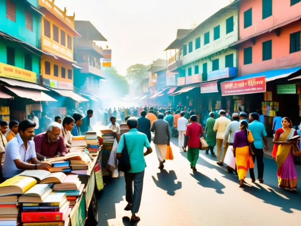 Una bulliciosa calle de la India llena de gente de diferentes edades y etnias, disfrutando de libros en sus idiomas nativos