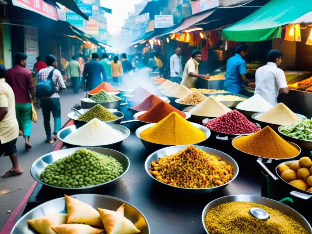 Una bulliciosa calle de la India llena de coloridos puestos de comida y vendedores preparando una variedad de platos tradicionales