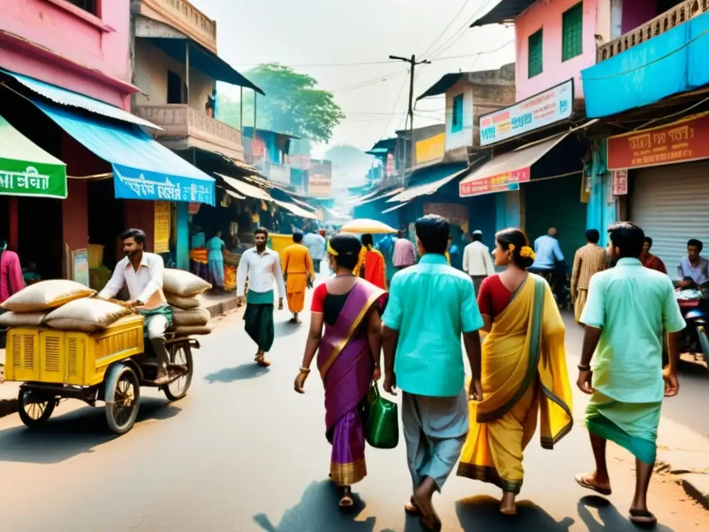 Una bulliciosa calle de la India, llena de vida, colores vibrantes y movimientos literarios India siglo XX