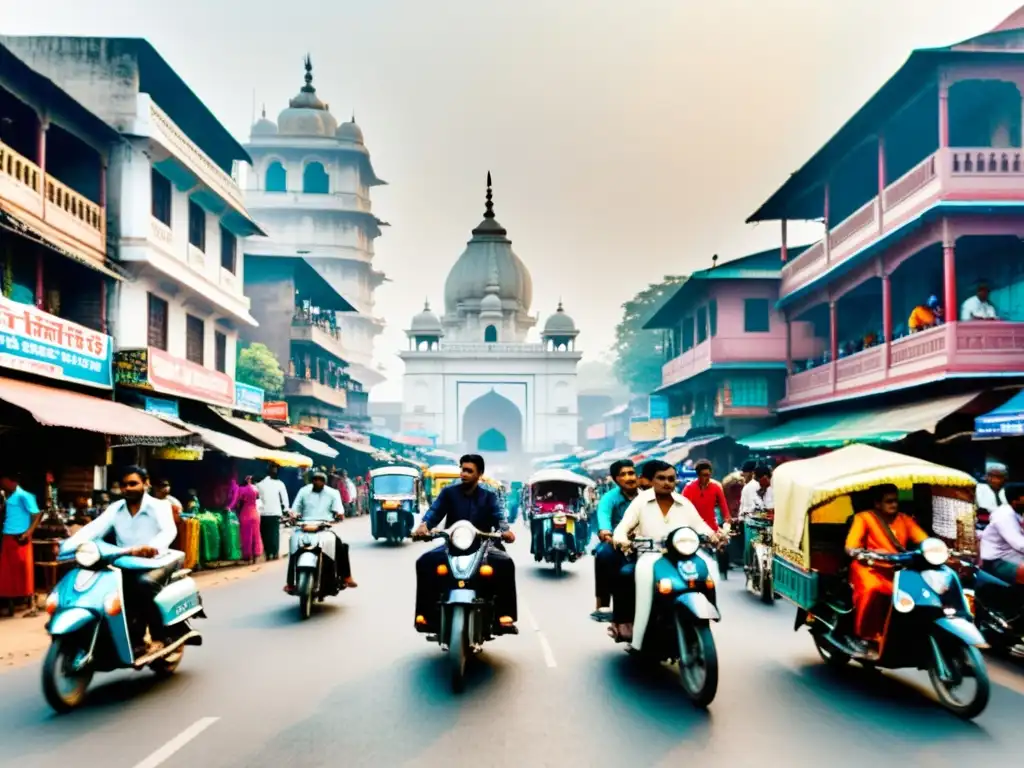 Una bulliciosa calle de la India: rickshaws, motocicletas, puestos de mercado y un templo tradicional