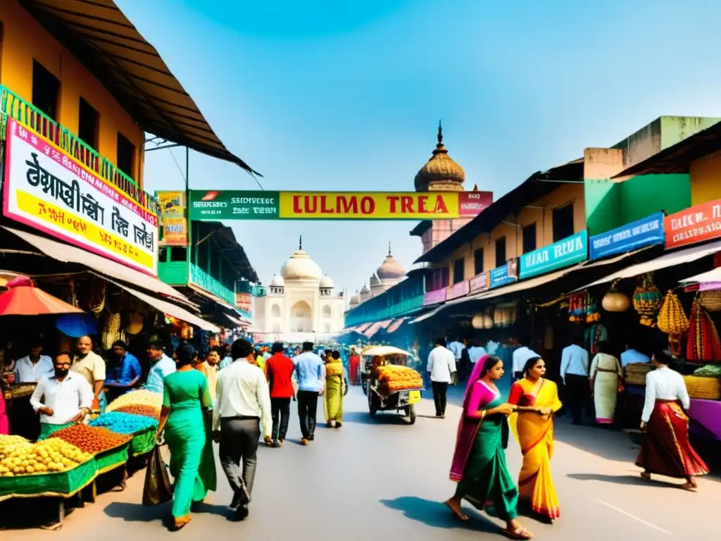 Mercado vibrante en la India: tradición y modernidad Una bulliciosa calle en India, con personas vistiendo ropa tradicional y moderna, junto a coloridos puestos de mercado