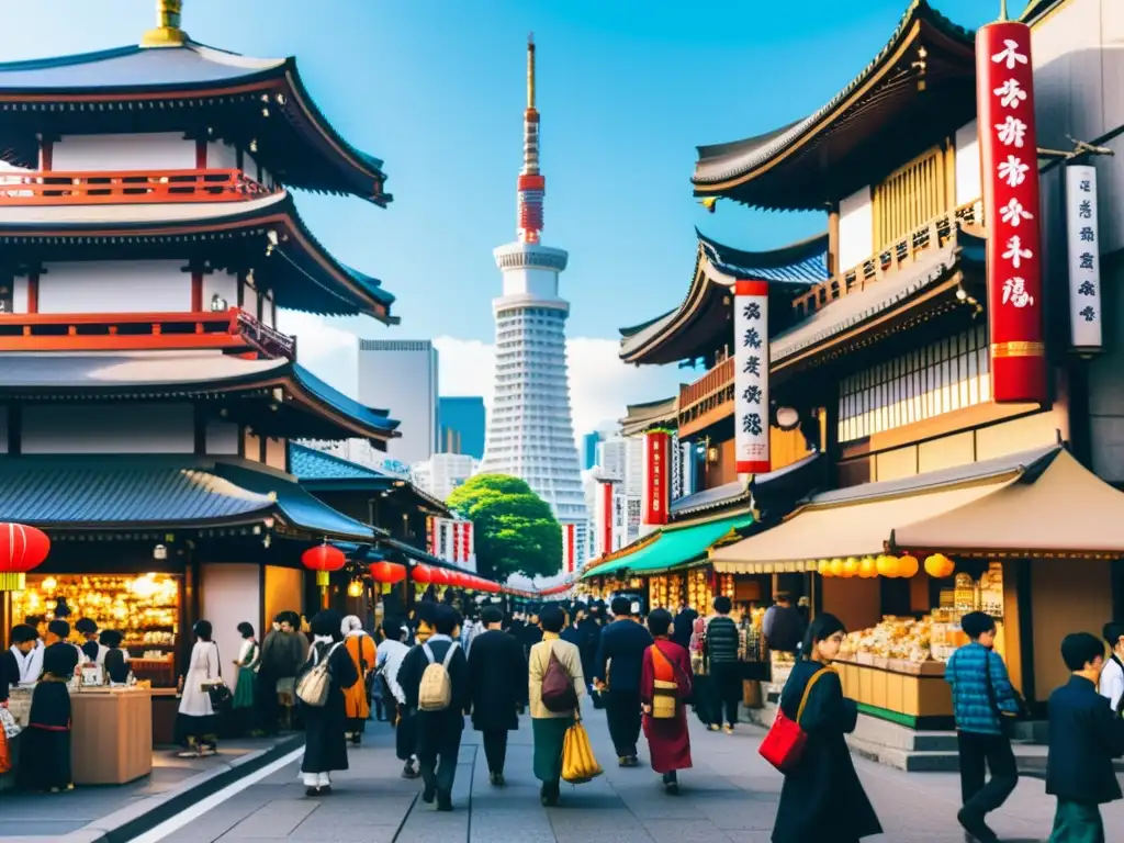 Una bulliciosa calle japonesa llena de personas de todas las edades, vistiendo ropa tradicional y moderna