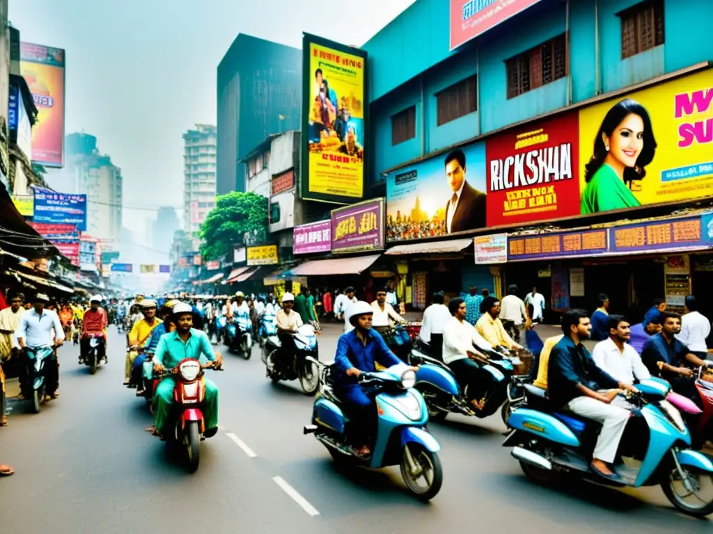 Una bulliciosa calle de Mumbai, India, llena de carteles de películas coloridos, multitudes animadas y energía vibrante