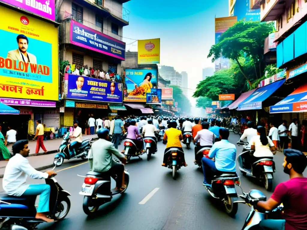 Una bulliciosa calle de Mumbai llena de carteles de películas y anuncios promocionando estrenos de Bollywood