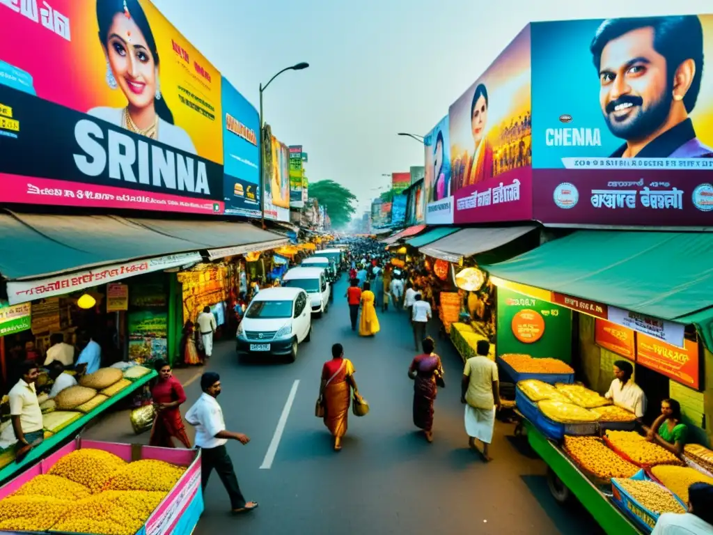 Una bulliciosa calle llena de color y vida en Chennai, India, muestra el vibrante cine regional indio diverso