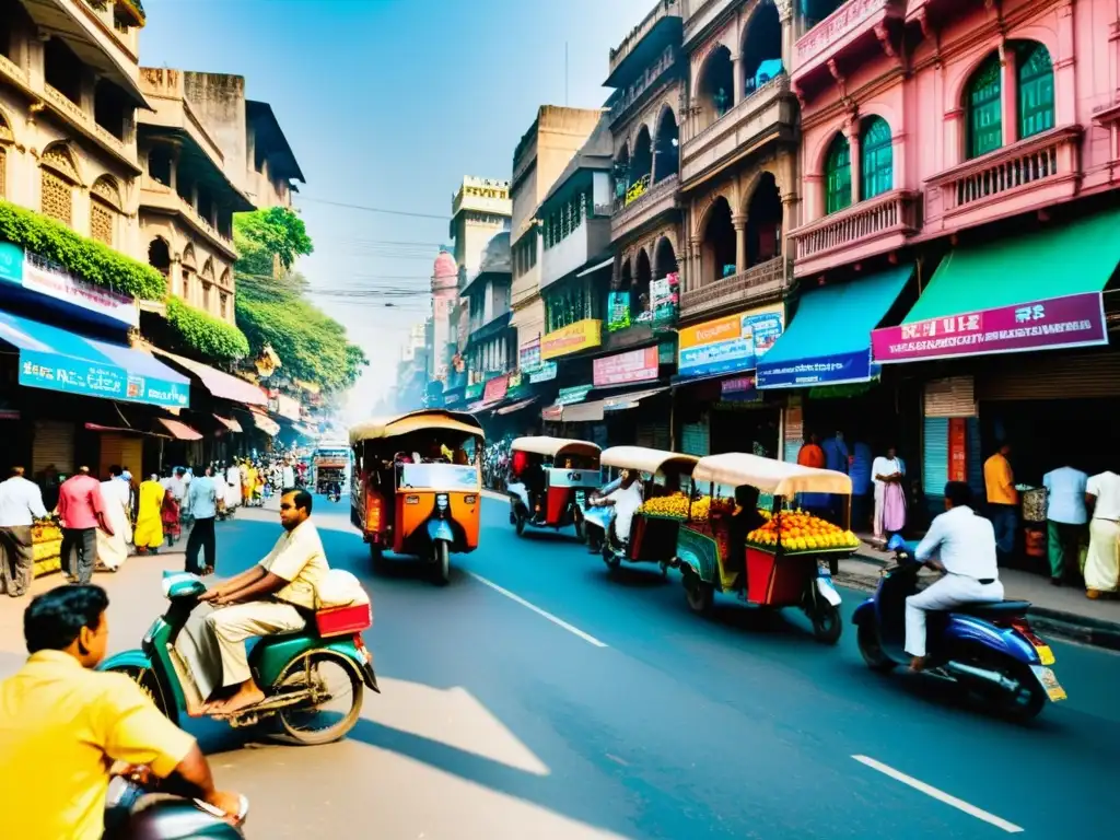 Una bulliciosa calle de Mumbai, India, llena de colores vibrantes, vendedores ambulantes, rickshaws y actividad diaria