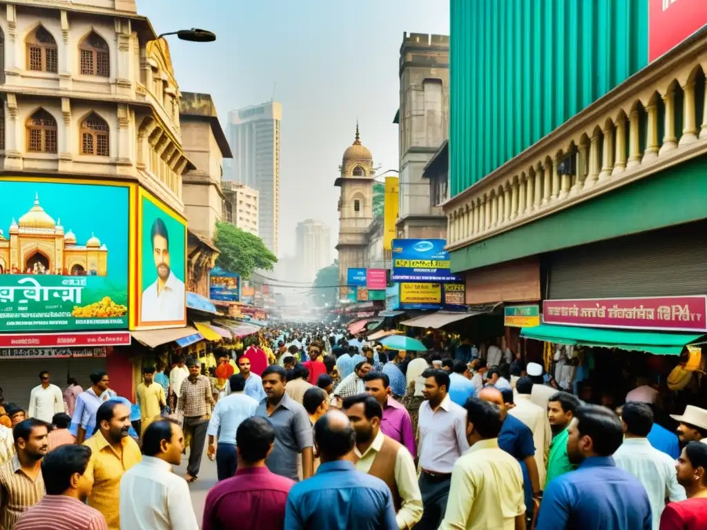 Una bulliciosa calle de Mumbai, India, llena de colores vibrantes y patrones intrincados, reflejando la riqueza cultural de la ciudad