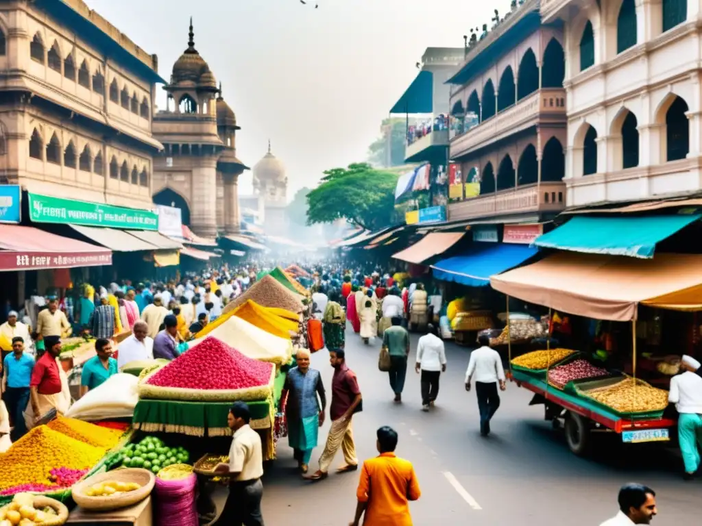 Una bulliciosa calle de Mumbai llena de colores vibrantes, ropa tradicional y vendedores callejeros