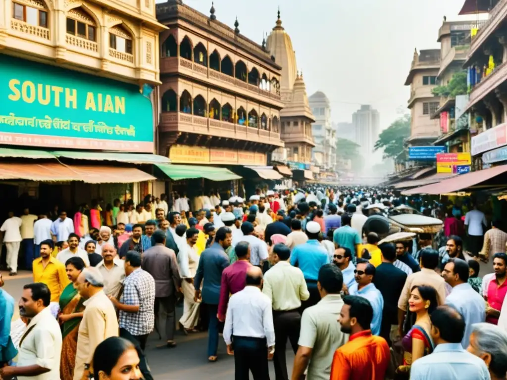 Una bulliciosa calle de Mumbai, India, llena de colores vibrantes, arquitectura intricada y gente diversa representando diferentes culturas