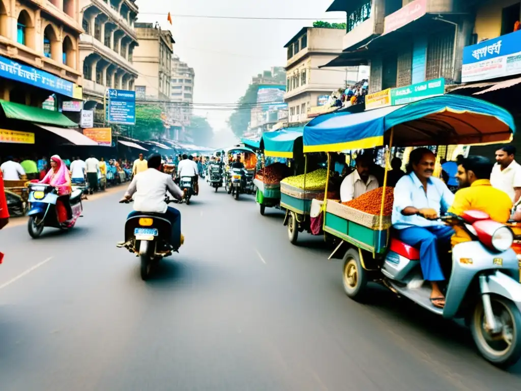 Una bulliciosa calle de Mumbai, India, llena de colores vibrantes, gente diversa y arquitectura tradicional