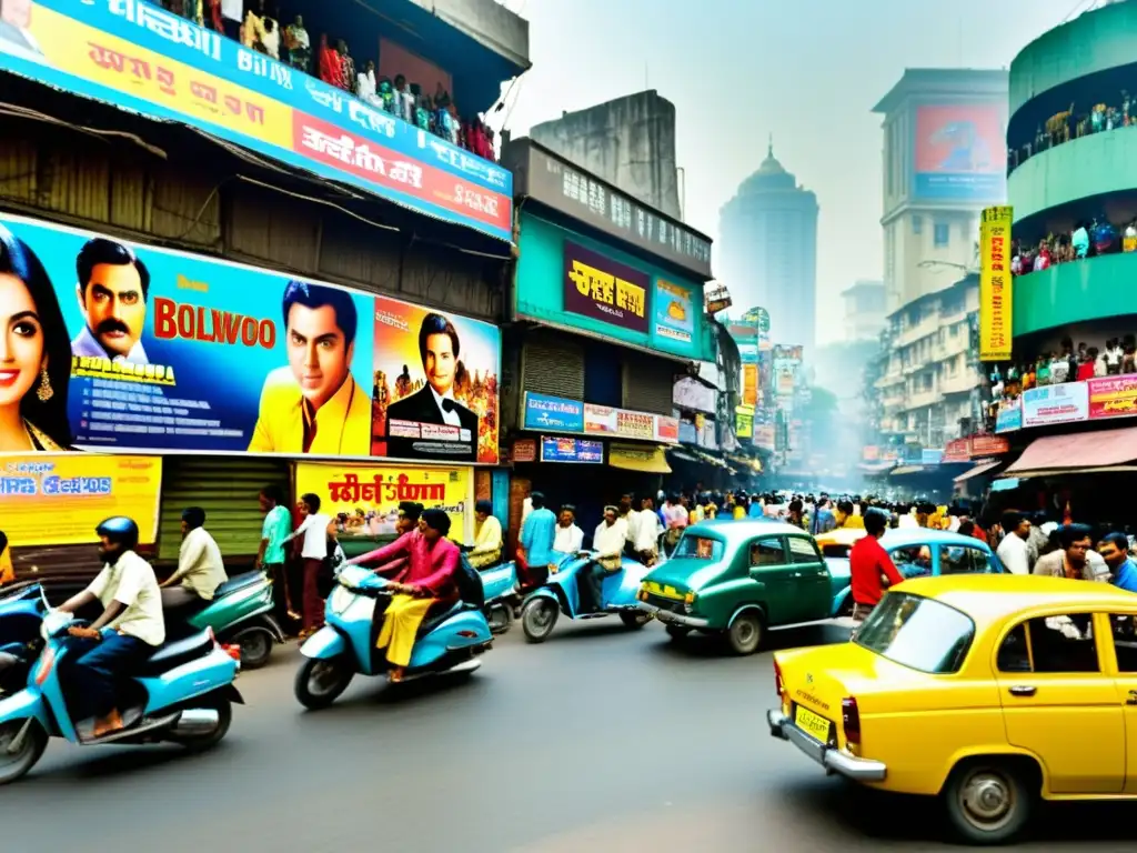 Una bulliciosa calle en Mumbai, India, llena de coloridos pósters de películas de Bollywood