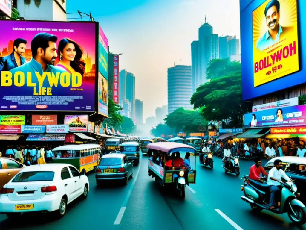 Una bulliciosa calle en Mumbai, India, llena de coloridos pósters y vallas publicitarias anunciando próximas películas de Bollywood