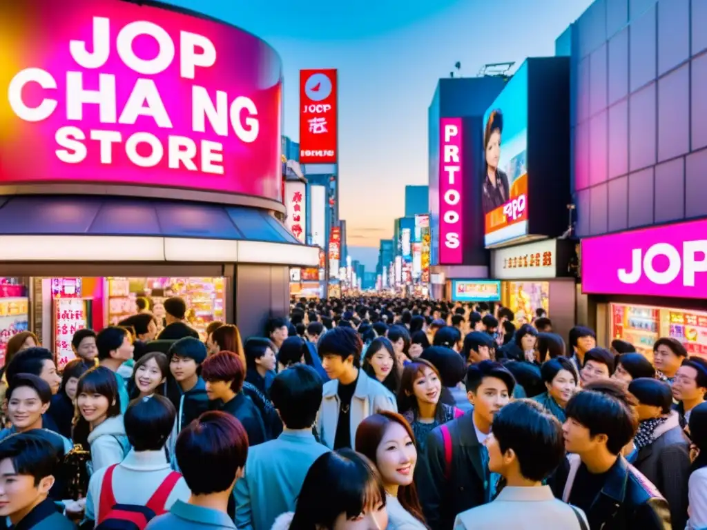 Una bulliciosa calle de Tokio llena de coloridos carteles de JPop y KPop