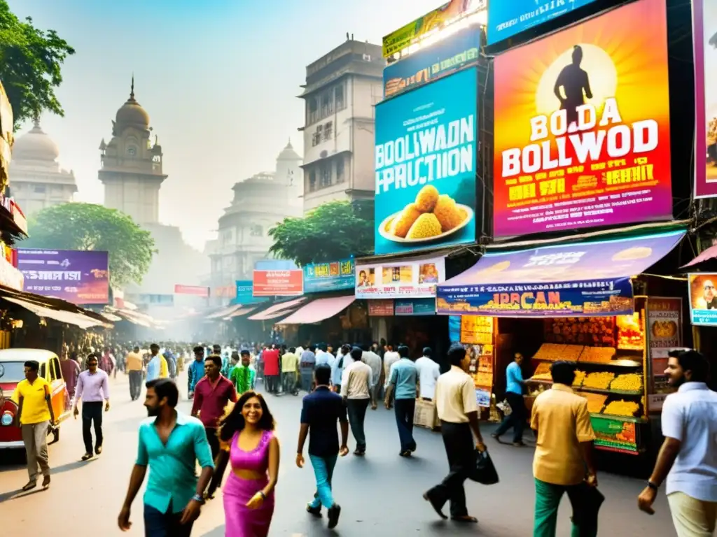 Una bulliciosa calle en Mumbai, India, llena de coloridos pósters que anuncian las últimas películas y producciones teatrales de Bollywood