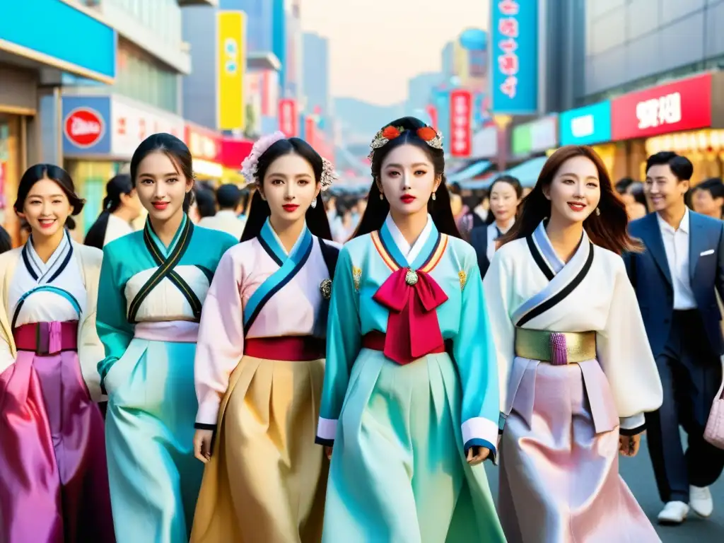 Una bulliciosa calle de Seúl llena de gente joven vestida con una mezcla de hanbok tradicional y moda KPop