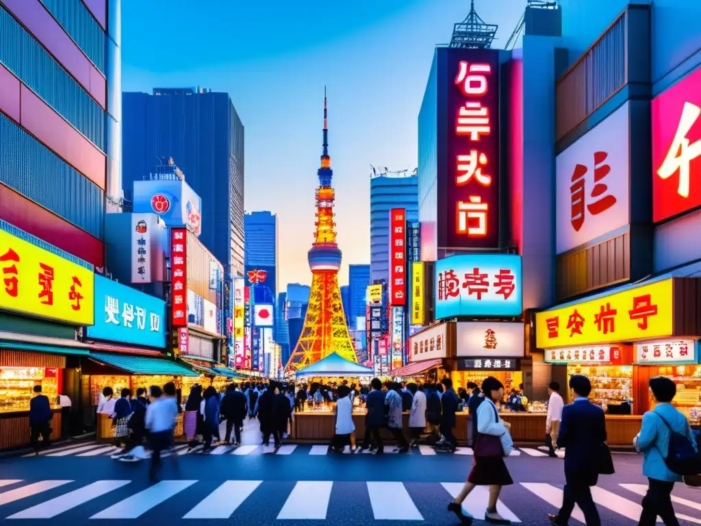 Tokio nocturno: neon, gente y tradición Una bulliciosa calle de Tokio, Japón, llena de letreros de neón, gente y tradicionales izakayas