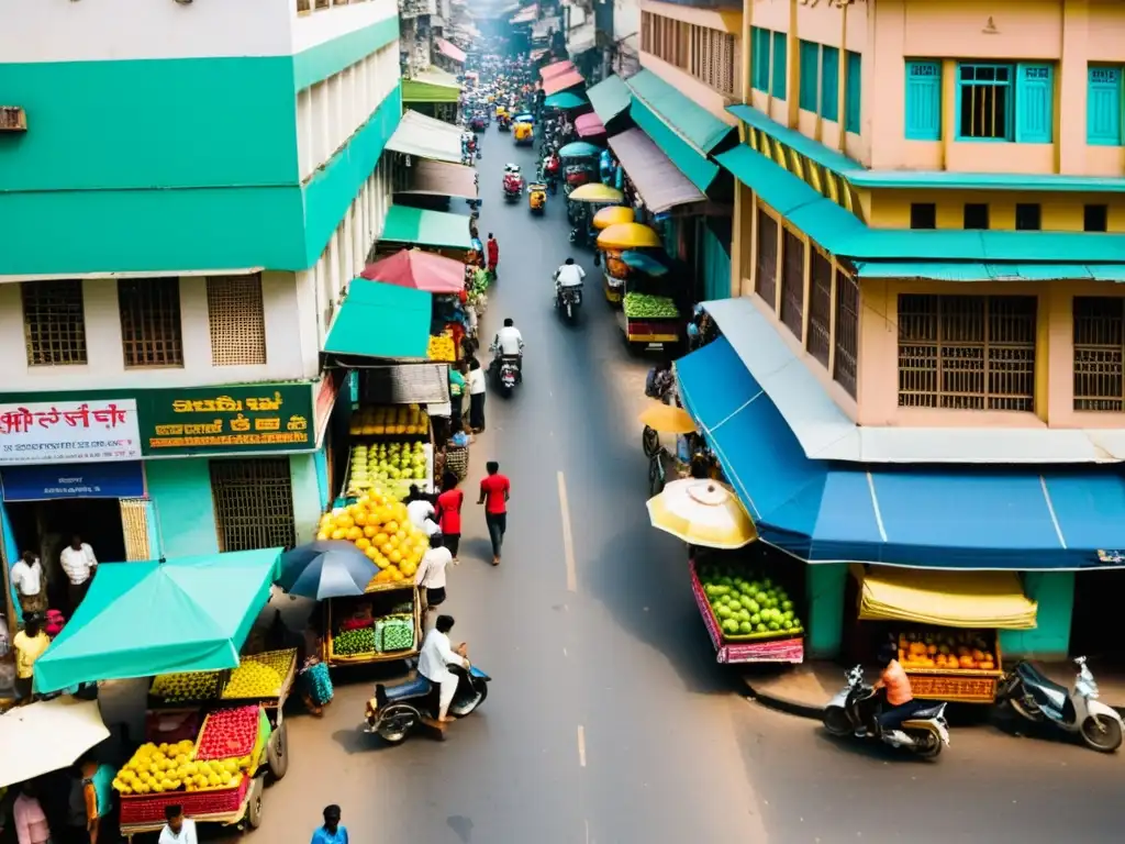 Una bulliciosa calle de Mumbai, India, llena de vida y color