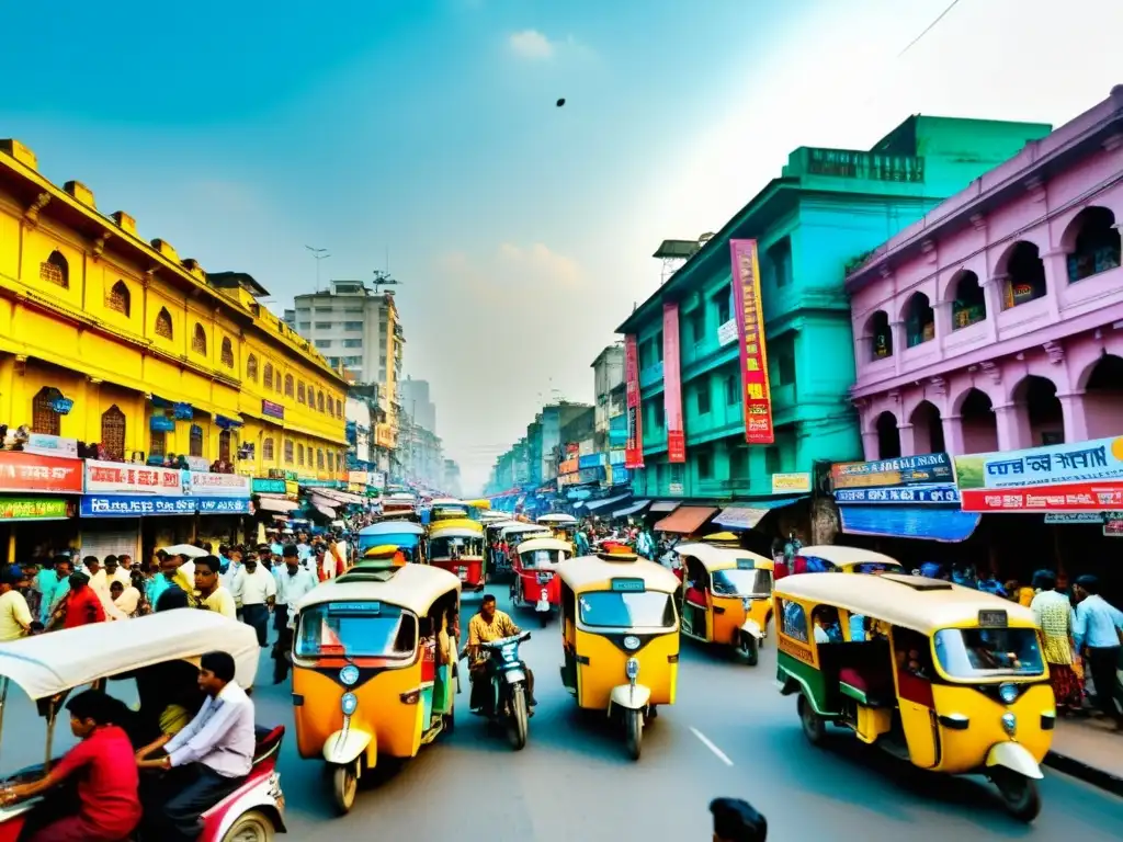 Una bulliciosa calle de Calcuta, India, llena de vida y color