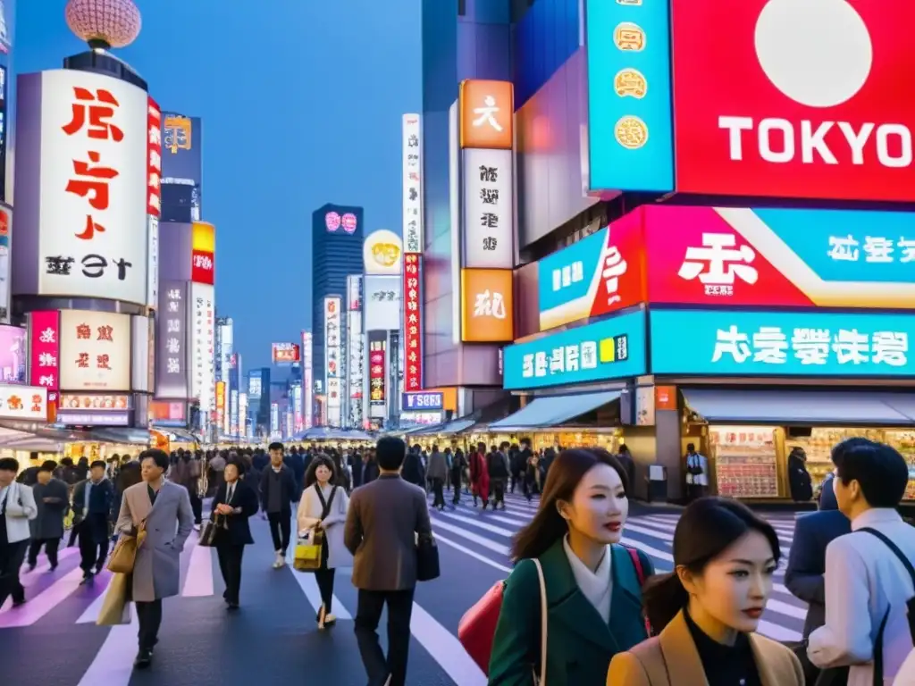 Una bulliciosa calle de Tokio con luces de neón y anuncios de películas y programas asiáticos