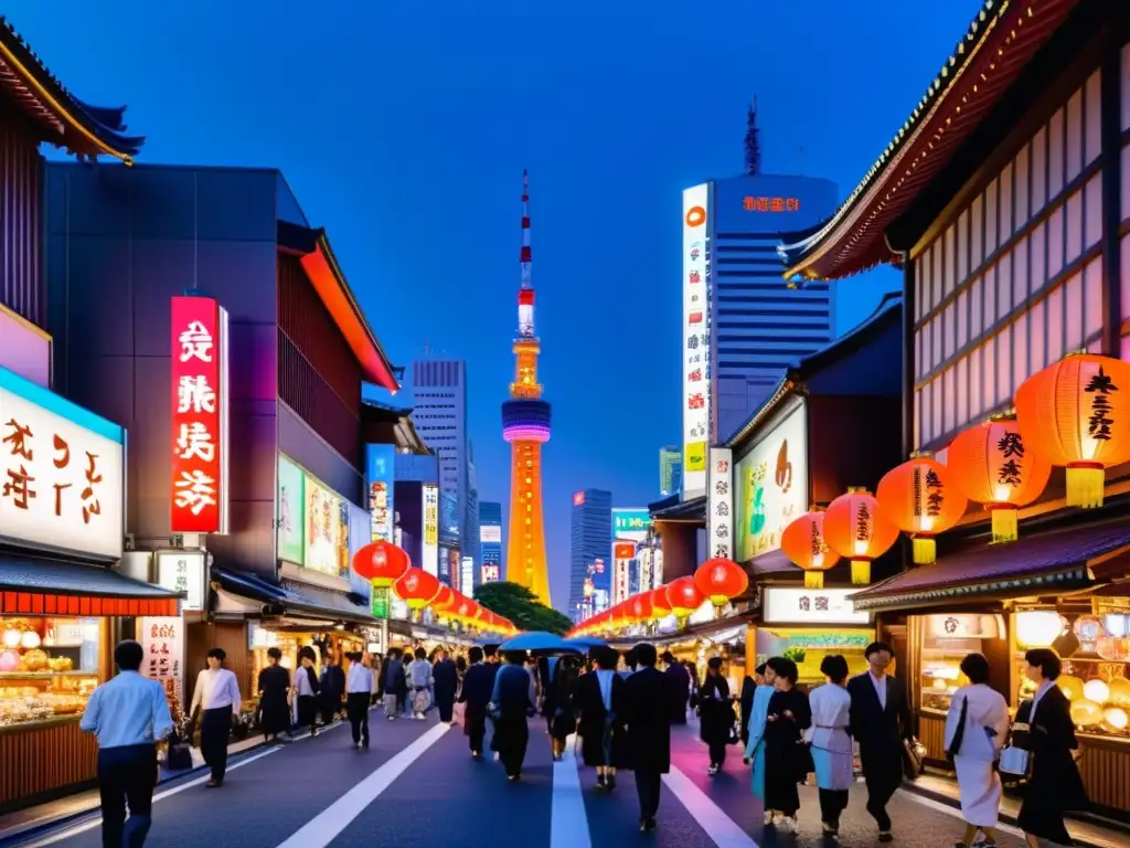 Una bulliciosa calle de Tokio con luces de neón y linternas tradicionales, donde se entrelazan rituales asiáticos en la era digital