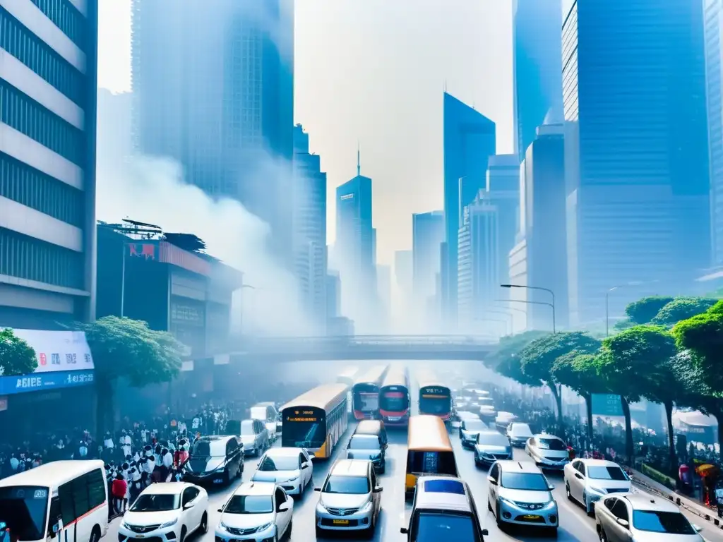 La bulliciosa calle de una megaciudad asiática, con rascacielos y una densa capa de smog