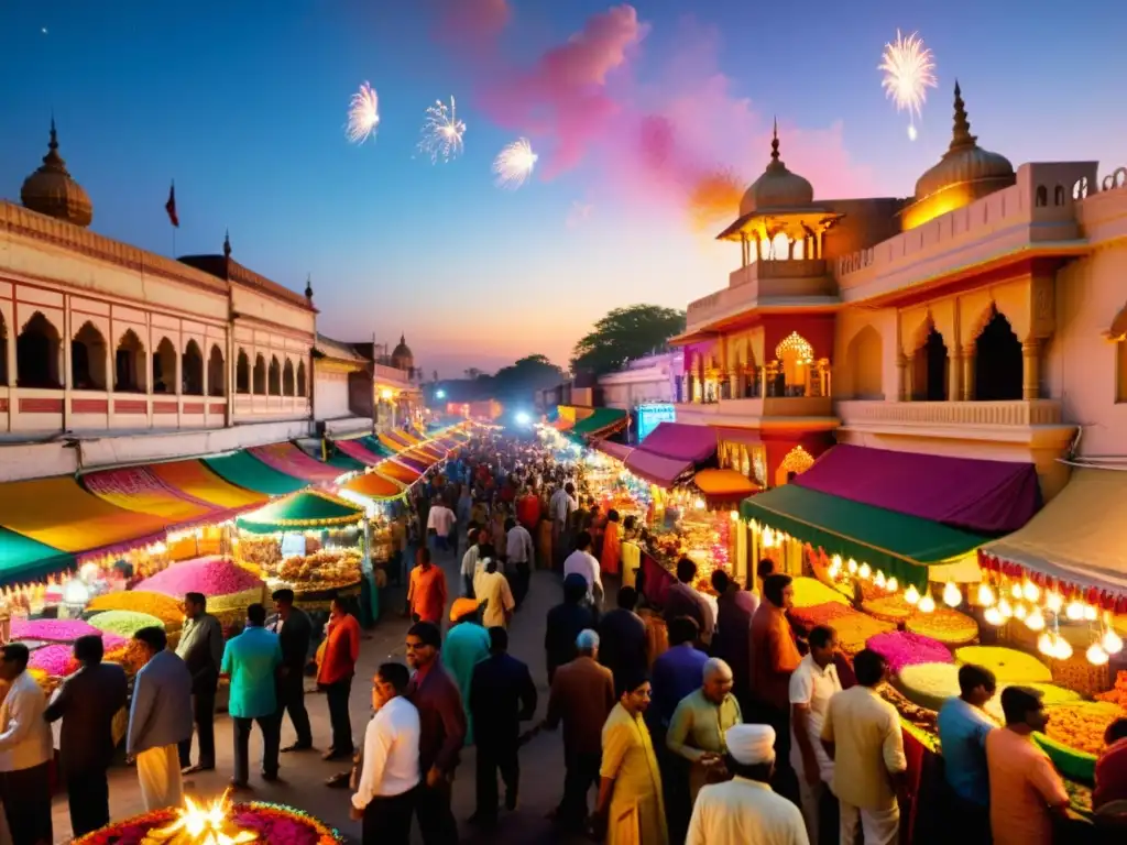 Una bulliciosa calle de mercado en India durante Diwali, llena de colores vibrantes y gente comprando decoraciones y dulces tradicionales