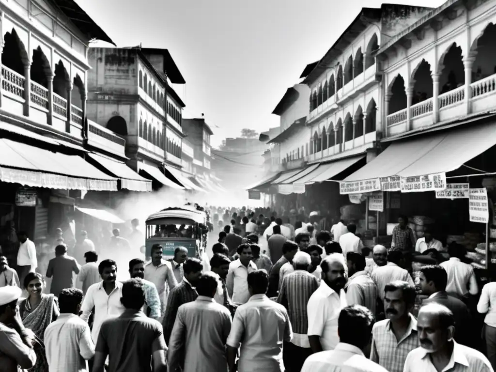 Una bulliciosa calle del mercado en India, donde los vendedores ofrecen especias, textiles y comida callejera