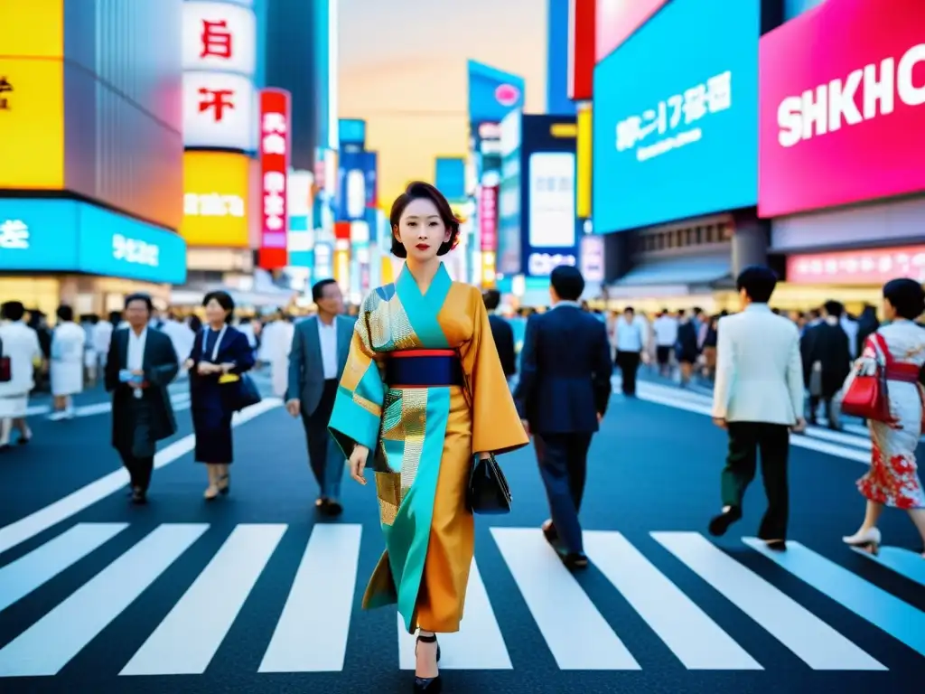 Una bulliciosa calle de Tokio con moda tradicional y tecnológica, capturando la evolución de estilo en la moda asiática