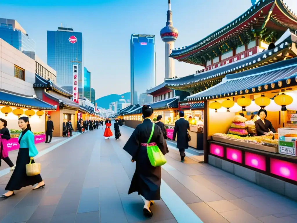 Una bulliciosa calle de Seúl, Corea del Sur, fusiona tradición y modernidad