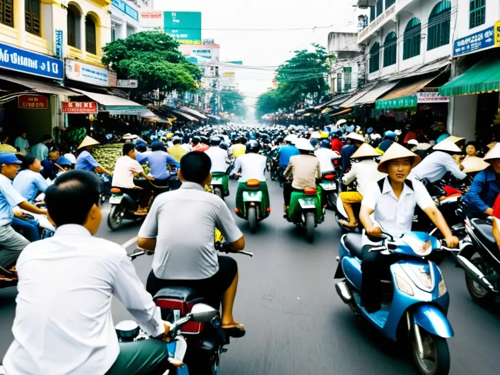 Una bulliciosa calle de Ho Chi Minh, Vietnam, con motocicletas, vendedores y vida cotidiana