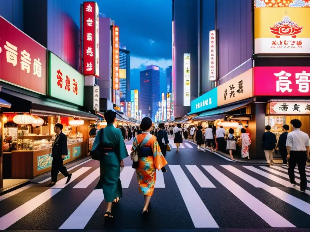 Una bulliciosa calle de Tokio de noche, iluminada por letreros de neón y rodeada de rascacielos