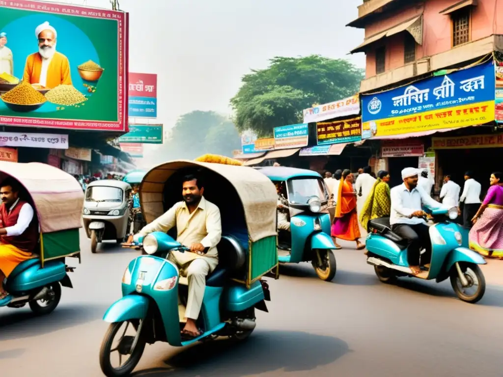 Una bulliciosa calle de Nueva Delhi, India, llena de colores vibrantes y gente en su vida diaria