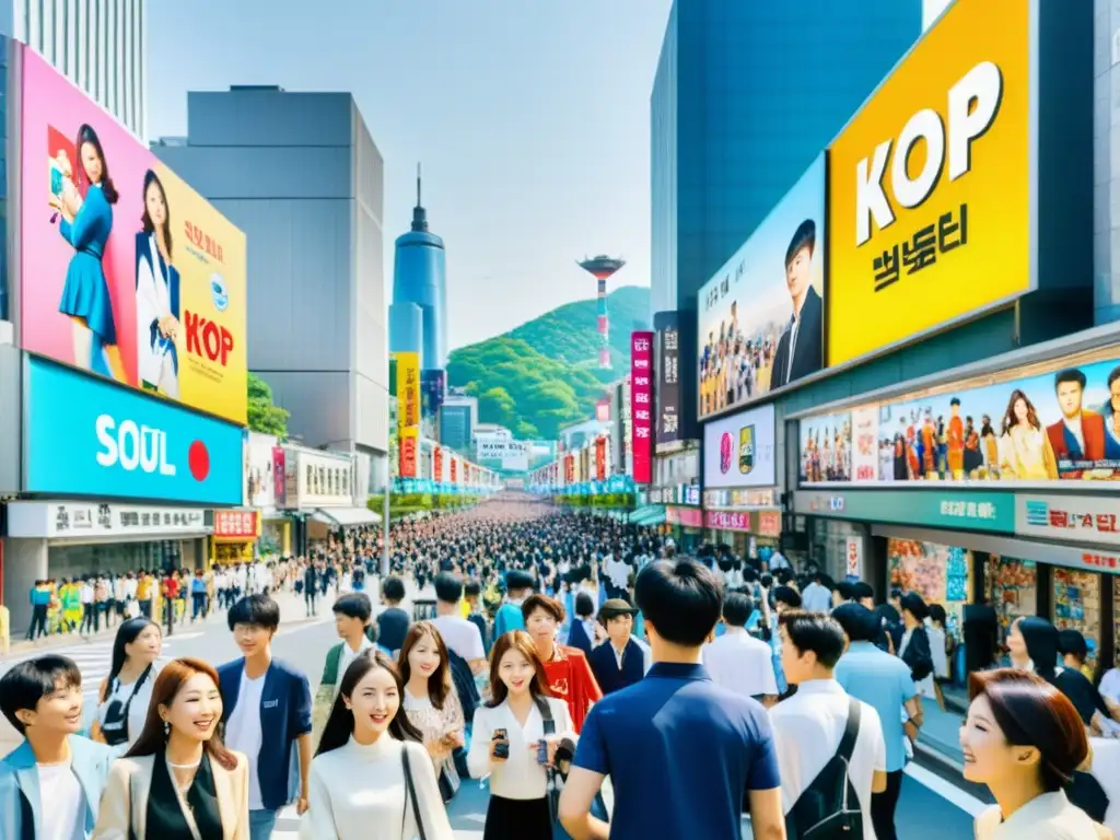 Una bulliciosa calle de Seúl con posters vibrantes de KPop